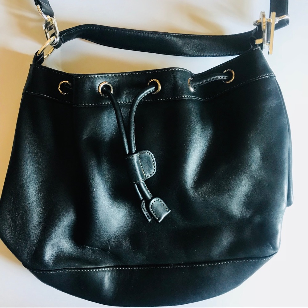 Carolee Mini Bucket Leather Black Drawstring Bag